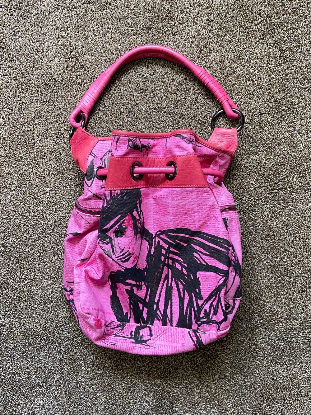 Vintage John Galliano Pink Newspaper Print Leather/Canvas Shoulder Slouchy Bag - Picture 3 of 15